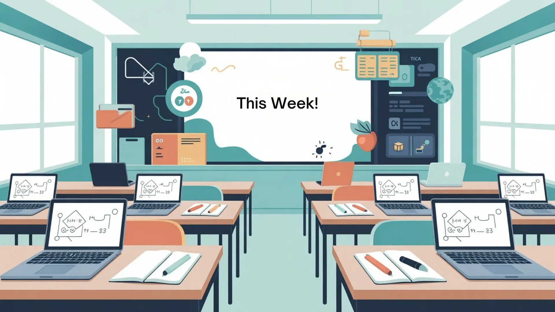 Modern, organized classroom with no people, featuring laptops on desks displaying lesson plans, open notebooks and pens, and a large digital screen at the front that reads “This Week!” in bold text. The color scheme includes teal, turquoise, peach, navy, and white accents, and subject icons decorate the walls for a creative, tech-forward lesson planning vibe, how to use chatgpt to make a week's worth of lessons
