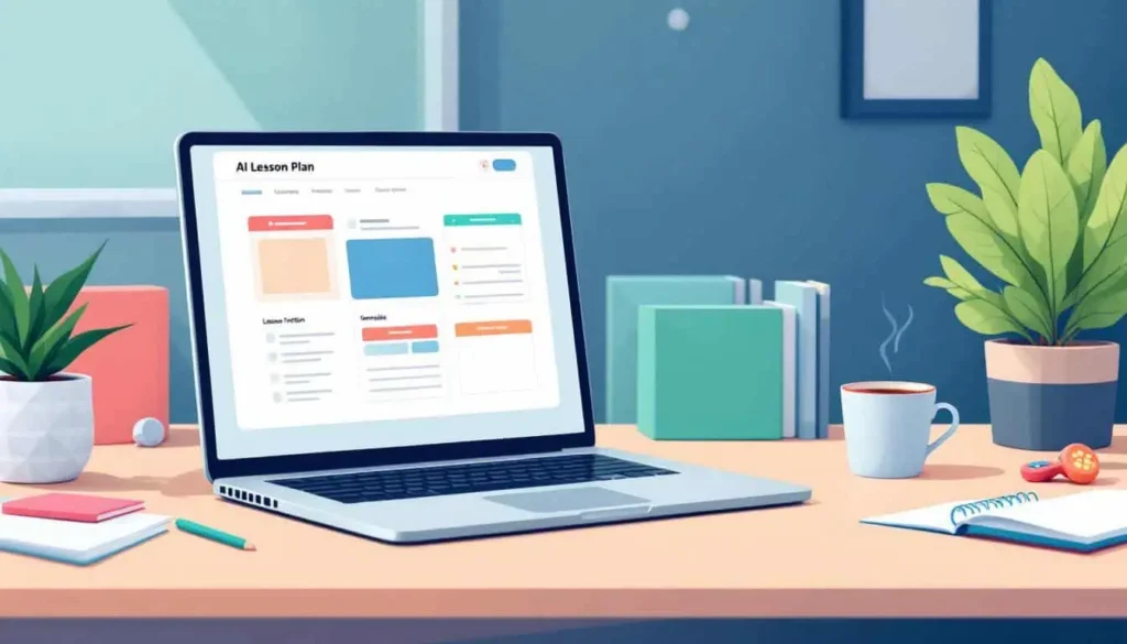 how to customize AI lesson plans for diverse learners' needs, Open laptop showing AI lesson plan template on a tidy desk with coffee mug, notepads, fidget, and potted plant, in teal, peach, navy, white, and coral colors.