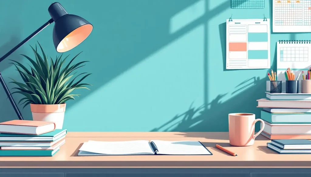 eatly organized teacher’s desk with colorful teal, turquoise, peach, and navy highlights. Features notepads, a coffee mug, plant, and lesson planning cards on a clean white surface, all in modern 2D vector style with no people.