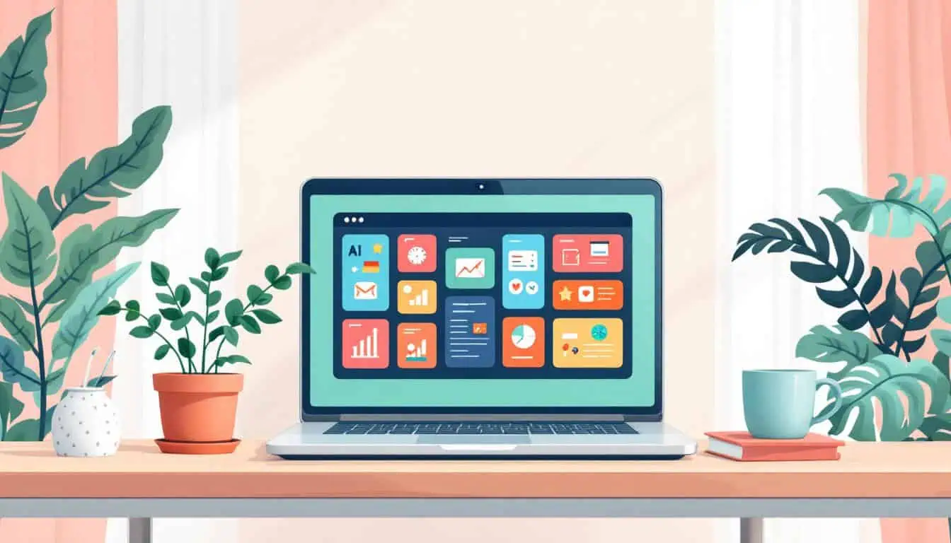 Inviting workspace with open laptop displaying a colorful AI-generated lesson plan, surrounded by teaching icons, plants, and calming decor in soft vector colors.