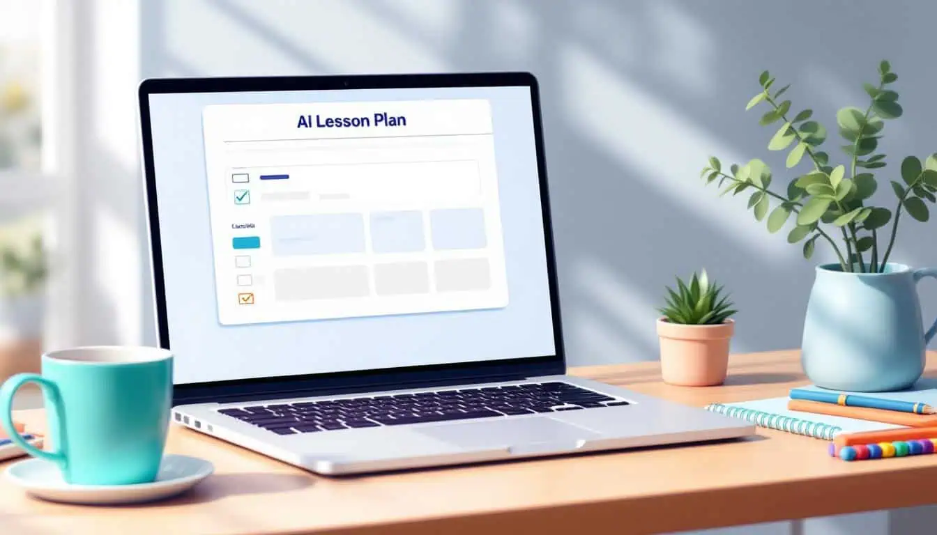 Open laptop displaying AI lesson plan template, teacher’s workspace with coffee mug, notepads, fidget, and plant, in 2D modern vector style with soft neutral colors and teal, turquoise, peach, and navy accents, no people.