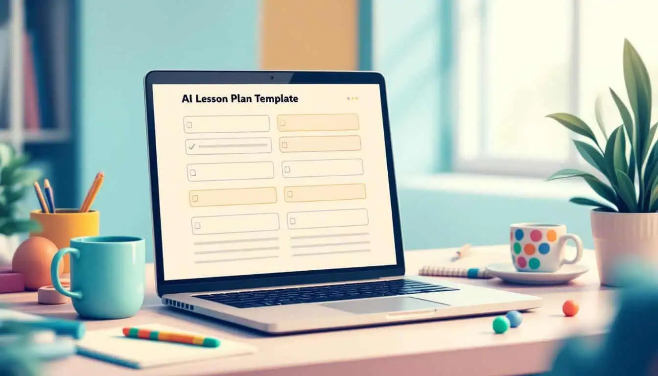 Open laptop displaying AI lesson plan template, teacher’s workspace with coffee mug, notepads, fidget, and plant, in 2D modern vector style with soft neutral colors and teal, turquoise, peach, and navy accents, no people.