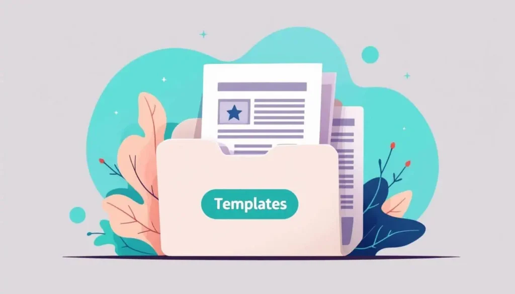 Organized file folder labeled “Templates” with documents, 2D modern vector style, neutral background, teal, turquoise, peach, navy accents, no people.
