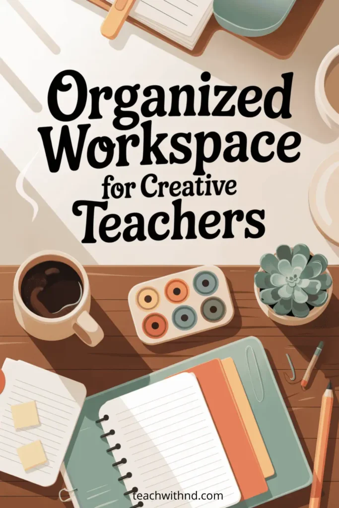 Overhead view vector of an organized teacher workspace with coffee mug, art supplies, notebook, and tech for creative lesson planning.