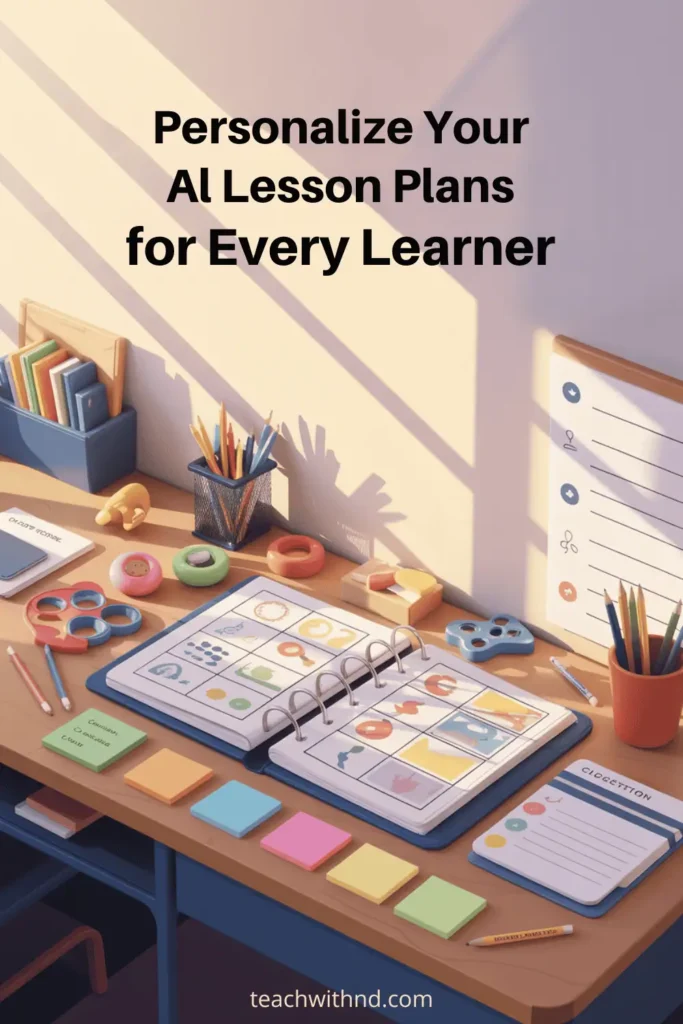 Classroom desk with open lesson plan binder, visual aids, checklist cards, sticky notes, pencils, and fidgets, organized neatly with the title "Personalize Your AI Lesson Plans for Every Learner"