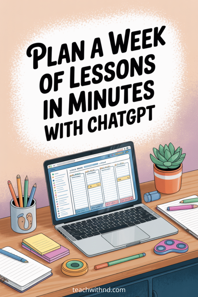 Modern workspace with an open laptop showing a lesson plan, colorful notepads, pens, coffee mug, fidget toy, and plant. Teal, turquoise, peach, and navy vector art. Text reads “Plan a Week of Lessons in Minutes with ChatGPT.”