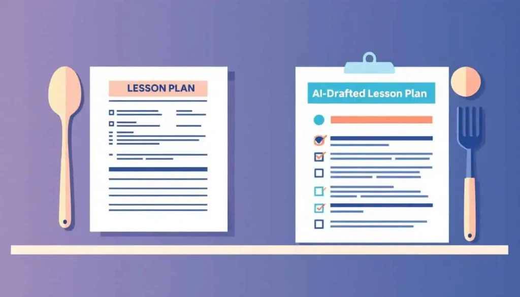 Recipe card and utensils next to a lesson plan sheet, comparing using a recipe to following an AI-drafted lesson plan. 2D modern vector, neutral with teal, turquoise, peach, navy, no people.