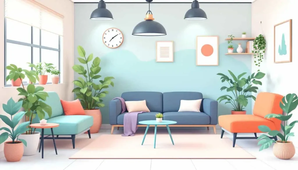 Cozy, sensory-friendly classroom corner with flexible seating, soft lighting, plants, and comfortable quiet space, styled in teal, peach, navy, white, and coral.