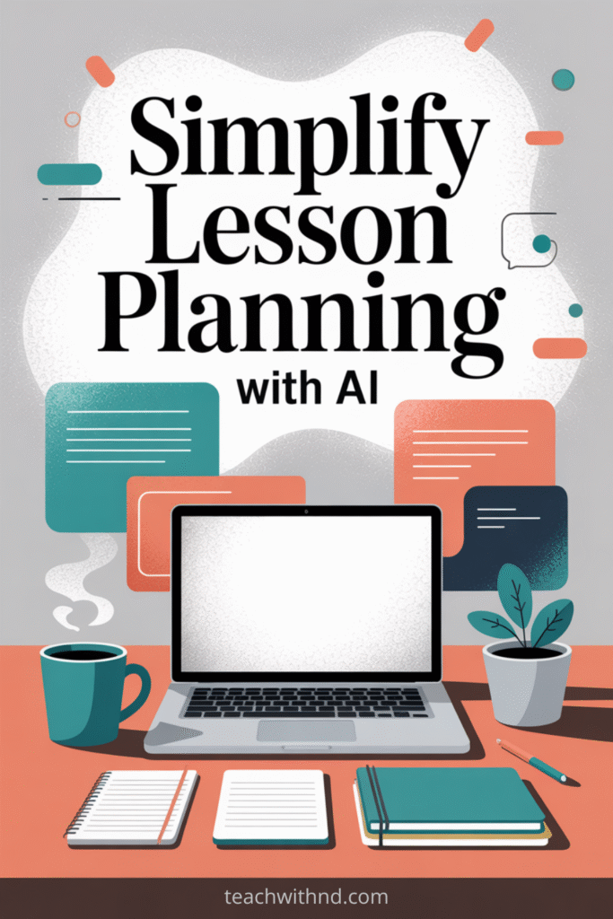 Vector illustration of a teacher’s desk setup with a laptop, plant, and colorful decor, designed for stress-free lesson planning.