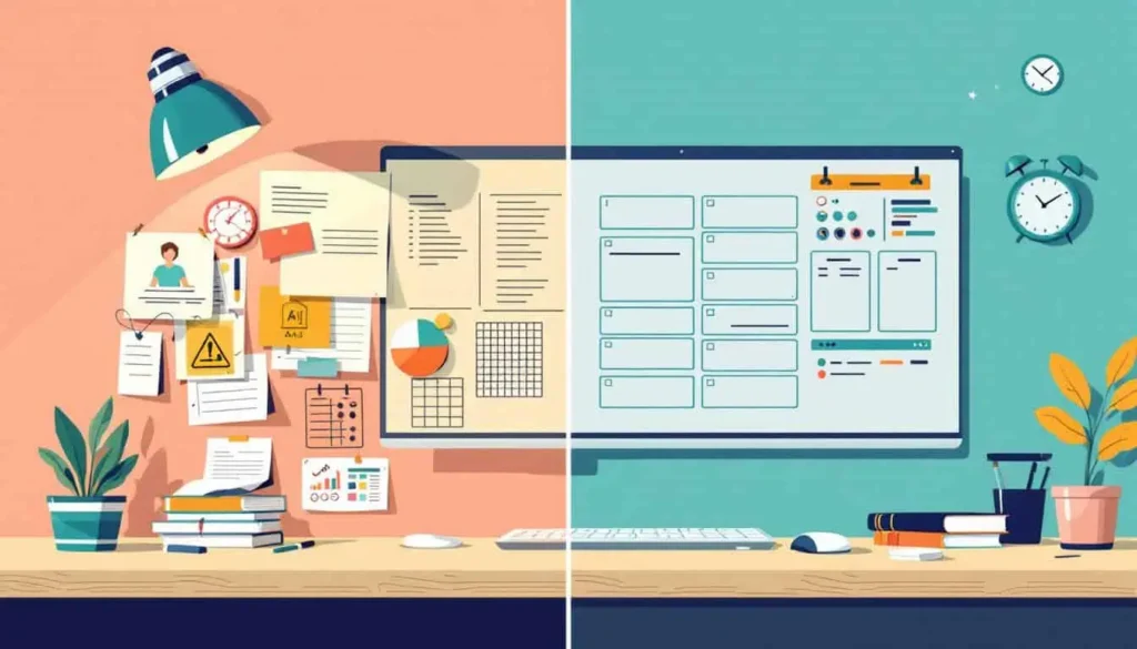 Split screen: one side with a complex, messy desk and blank lesson plan; the other side with an organized, clearly outlined AI-generated lesson plan. Modern 2D vector, neutral with teal, turquoise, peach, navy accents. 
