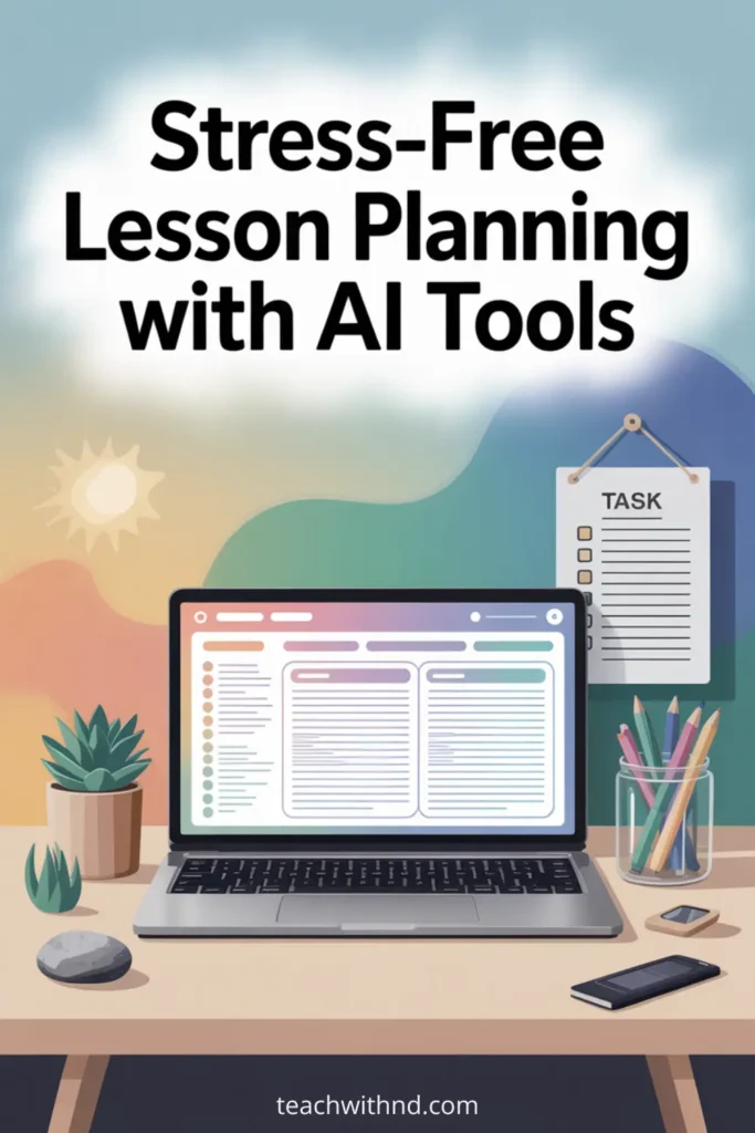 Calm teacher workspace with computer displaying a lesson plan, sensory items, houseplants, and a task checklist, with the title "Stress-Free Lesson Planning With AI Tools" in large bold lettering.