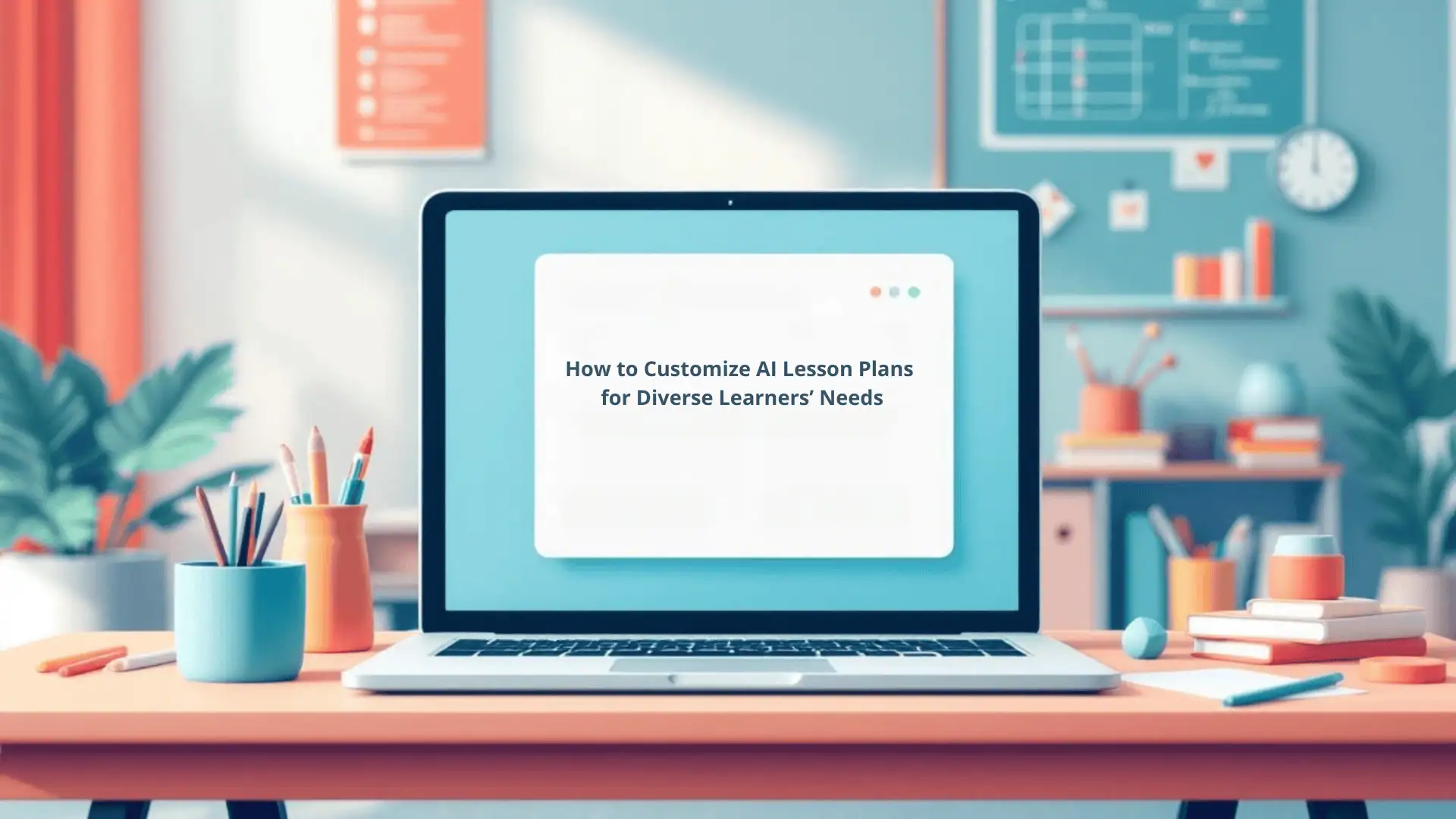 Wide classroom scene with open laptop displaying editable lesson plan template, visual routines chart, fidgets, and cozy study nook in a fresh color scheme.