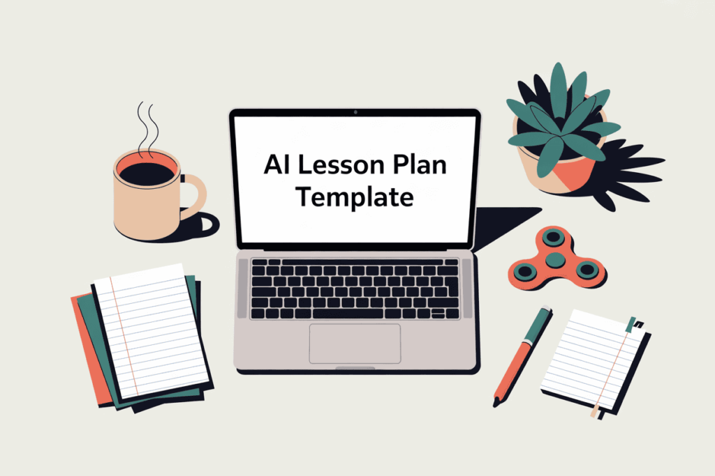 Overhead view of a modern teacher's workspace featuring an open laptop with "AI Lesson Plan Template" on the screen, a peach coffee mug, a stack of notepads, a pencil, a small potted succulent, and a peach fidget toy, all in a neutral palette with accents of peach, teal, coral, navy, and white.