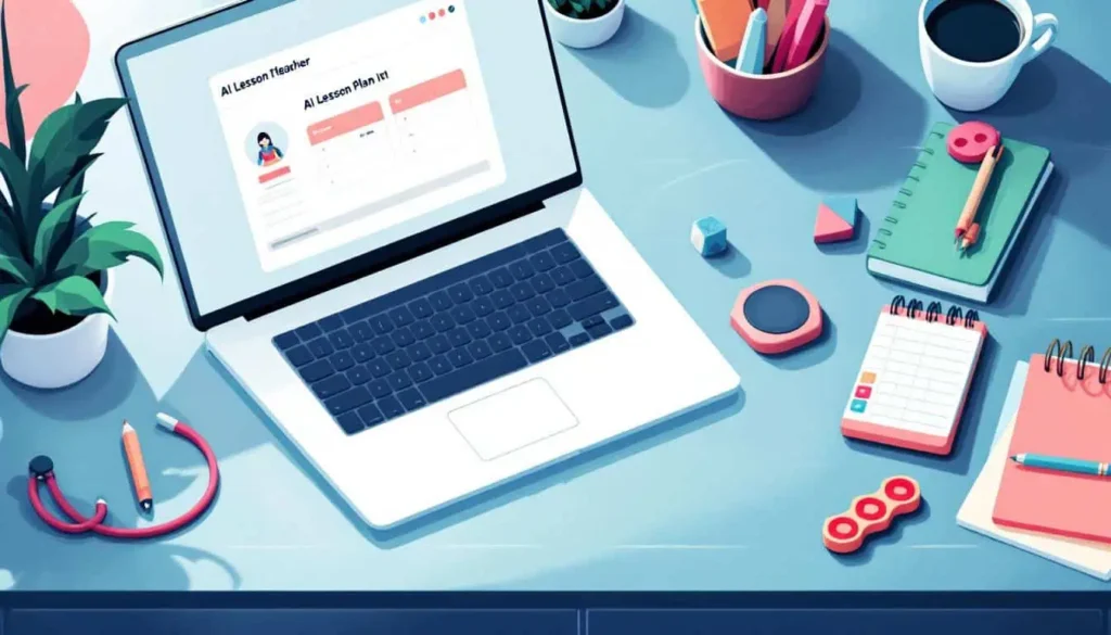 Open laptop displaying an AI lesson plan template on a teacher’s desk with a coffee mug, notepads, fidget toy, and potted plant in a cozy, organized setting with teal, coral, peach, sage, navy, and white colors.