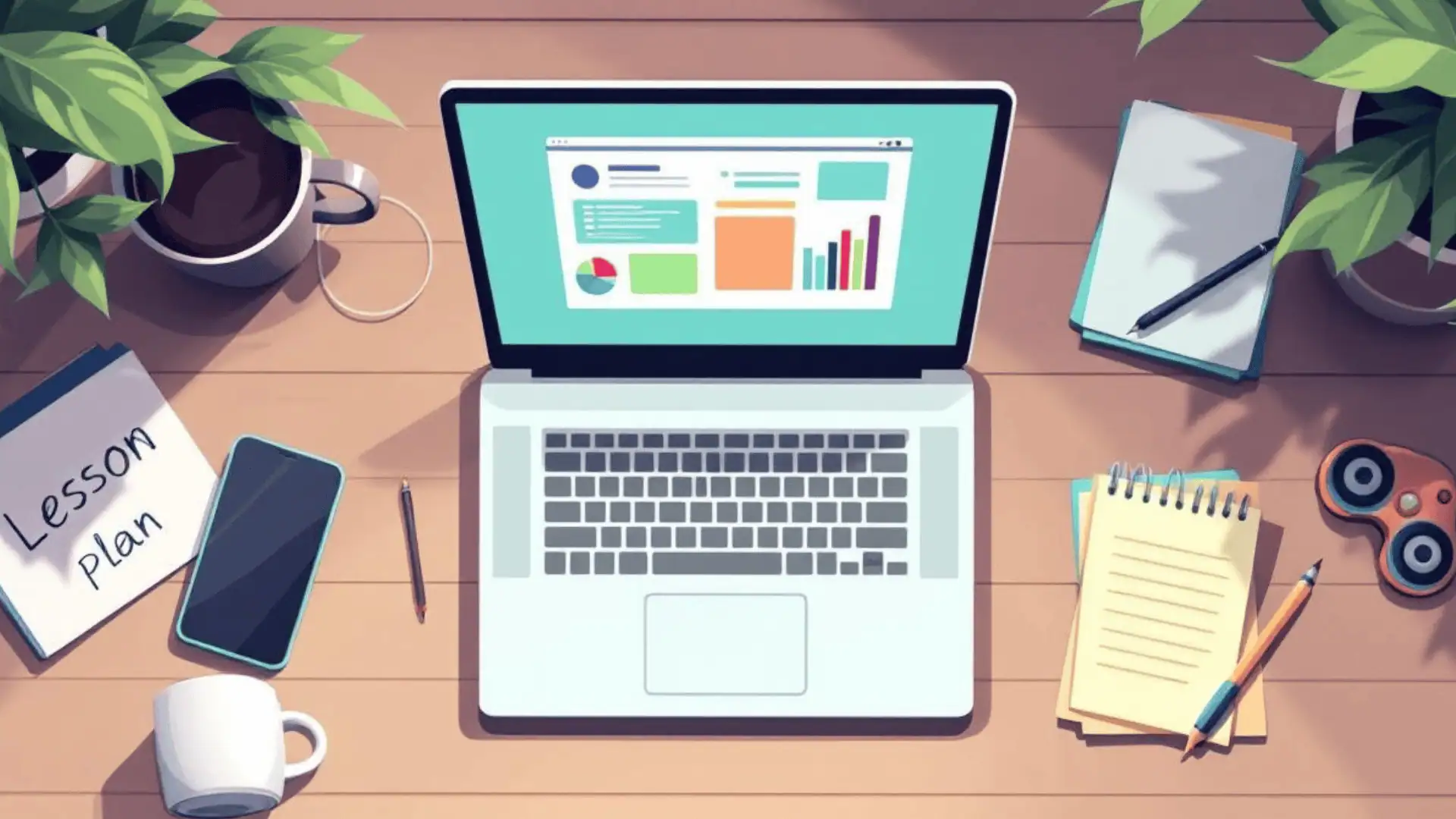 Open laptop on desk with digital lesson plan, coffee mug, notepads, plant, and fidget toy, neutral and teal/turquoise/peach/navy colors