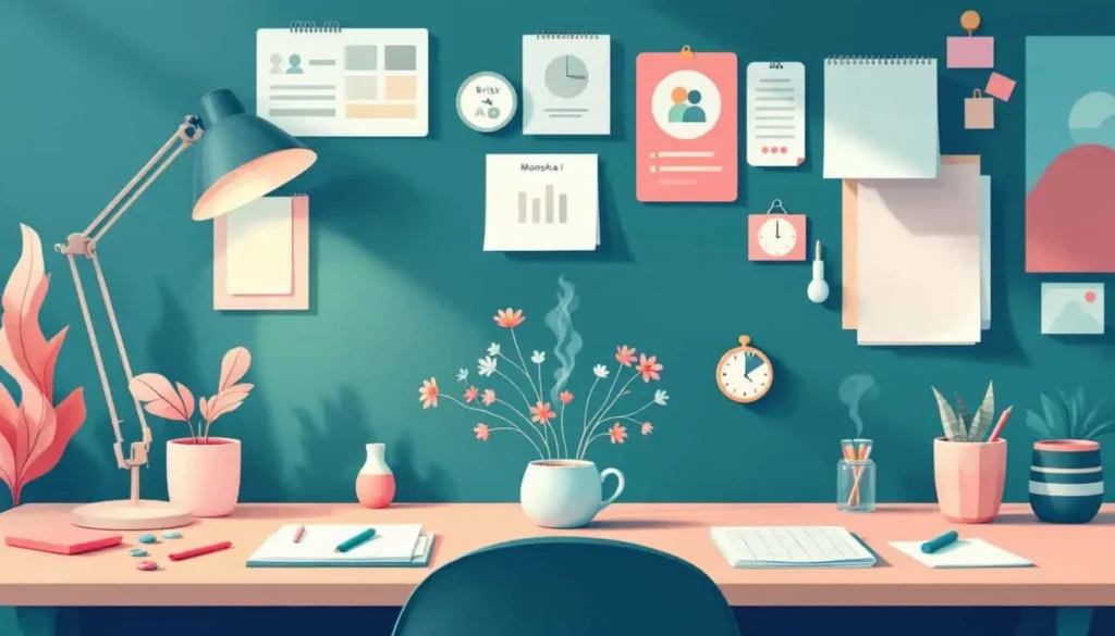 Teacher desk with Brisk AI and Monsha AI icons, digital planning cards, timer, tea, notepads, fidget, and plant.