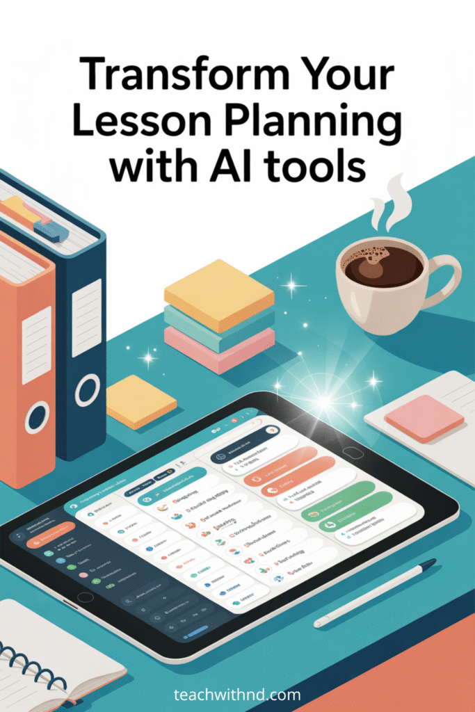 Modern desk with tablet displaying a digital lesson plan app, coffee, and organized folders in teal, turquoise, peach, and navy vector style. Text: “Transform Your Lesson Planning with AI Tools.” No people.