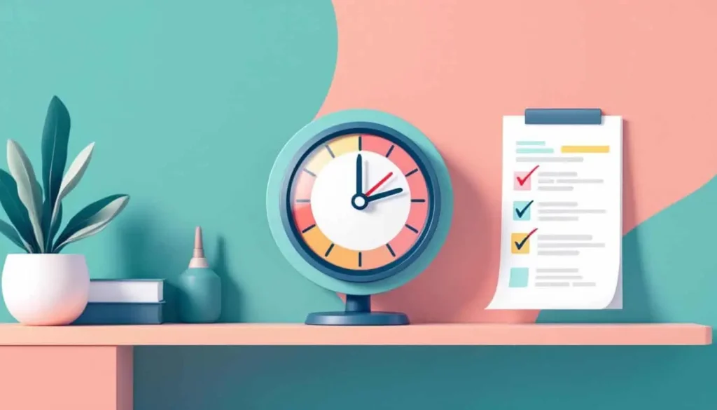 Visual timer with colored countdown segments next to a checklist with highlighted checkboxes on a clean, modern workspace.