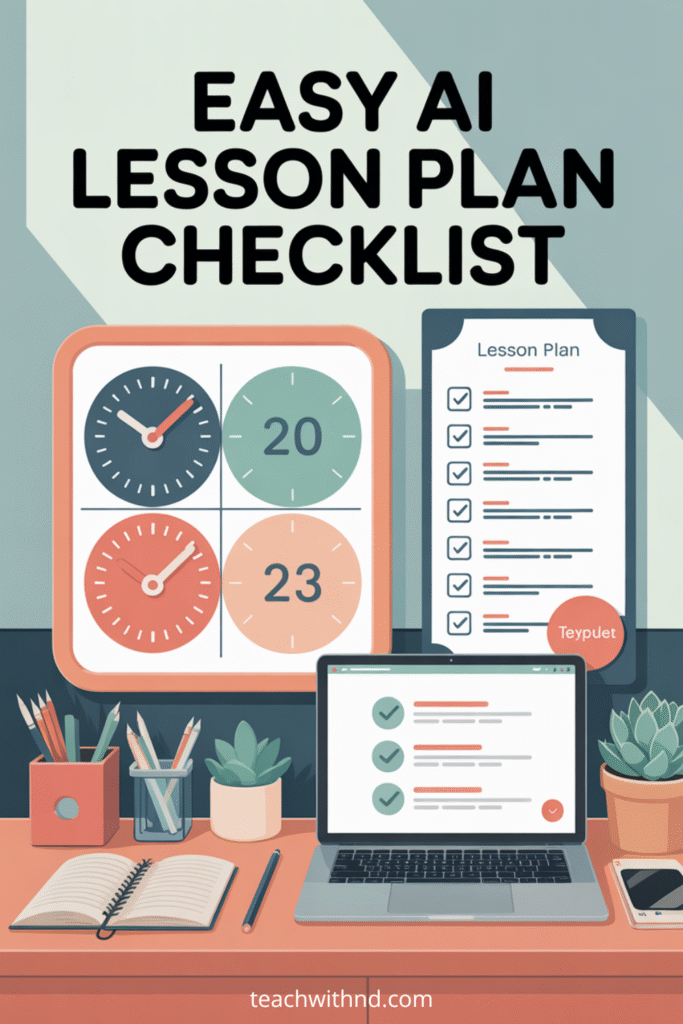 Brisk AI Chrome extension icon inside Google Doc, big text "How Brisk AI Simplifies Lesson Planning," digital planning cards, checklists, and progress bars on a laptop in clean, bright vector style.