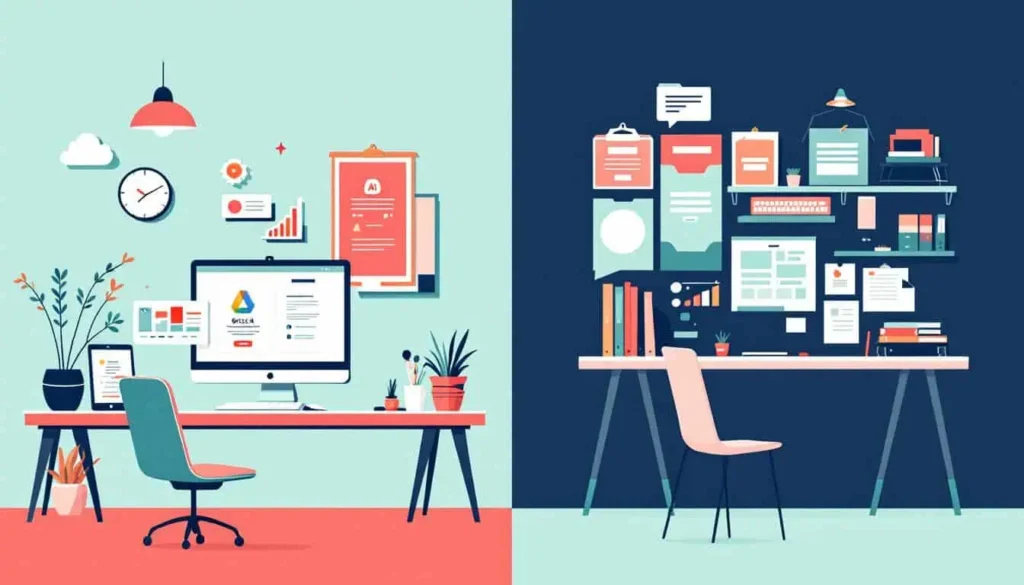 Alt text: Side-by-side illustration of two teacher workspaces; the left shows Brisk AI with a modern setup and Google Docs, the right shows Monsha AI with organized folders and a detailed lesson plan, all in teal, coral, peach, sage, navy, and white colors.