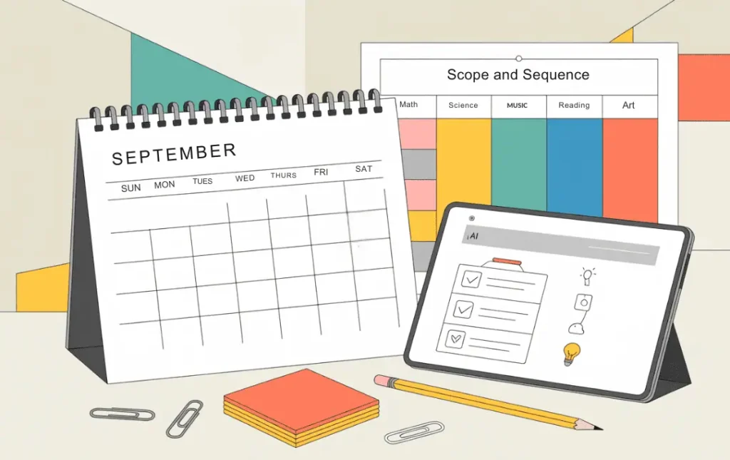 Modern vector illustration of a September calendar, a printed scope and sequence chart, and a digital tablet displaying lesson planning prompts, styled in coral and teal.