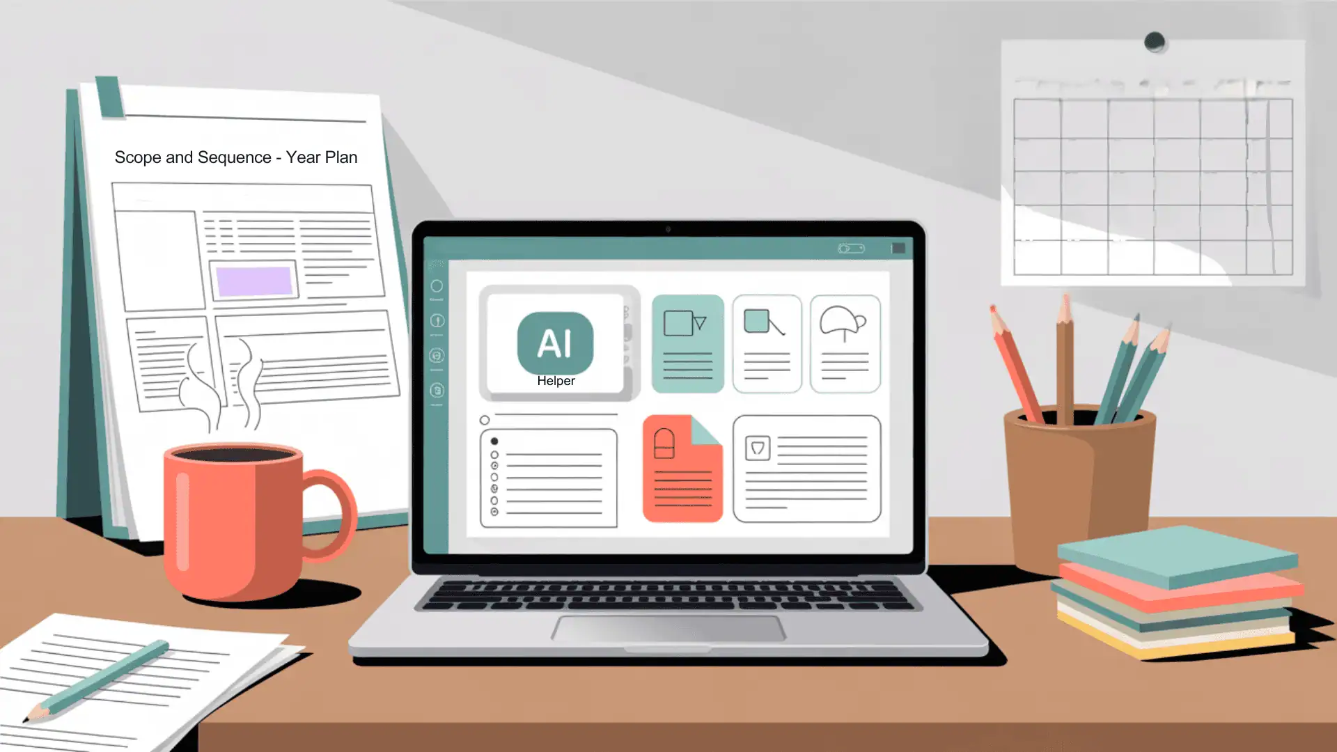 Modern vector illustration of a teacher’s desk with a laptop open to an AI planning tool, a printed “Scope and Sequence – Year Plan” template, a coral coffee mug, calendar on the wall, pencils in a cup, and stacked sticky notes in teal, coral, and yellow on a neutral background.