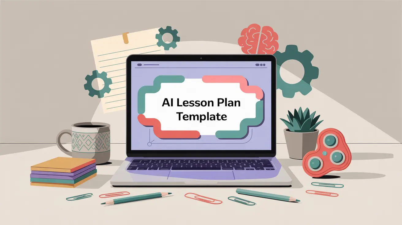 Alt text: Modern vector illustration of a laptop displaying “AI Lesson Plan Template” on the screen. The workspace includes a coffee mug, a stack of colorful notepads, a plant, a coral and teal fidget spinner, paper clips, and pencils, with teal gears and a coral brain icon in the background on a neutral surface. No people are present.