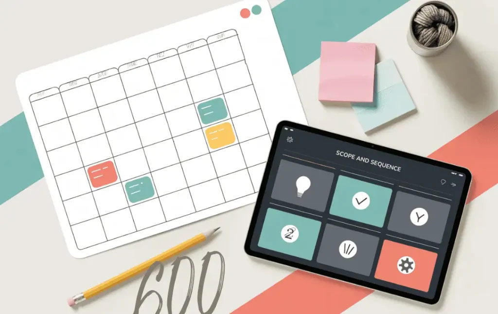 Flat lay of a monthly calendar next to a tablet showing AI planning icons, with pencils, sticky notes, and pastel stationery on a clean desk in teal, coral, and neutral tones.
