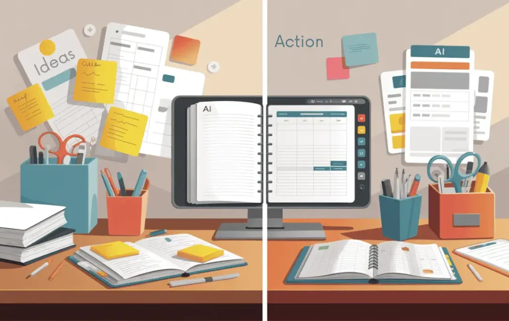 Split-screen illustration showing a cluttered, chaotic teacher desk on one side and a clean, AI-assisted workspace on the other, both with books, screens, and sticky notes in warm neutrals with teal and coral accents.