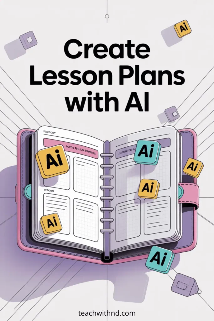 Open digital planner with floating AI blocks on a pale background, big bold text “Create Lesson Plans with AI” above, clean and modern vector style.


