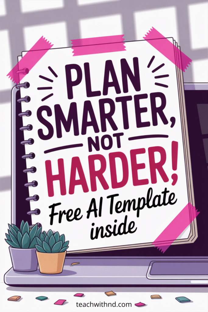 A large spiral notebook with bold text—“Plan Smarter, Not Harder! Free AI Template Inside”—stands upright against a sunlit window. A purple laptop, potted plant, and pink tape accents frame the scene. The vibe is creative and confident, with a playful layout perfect for overwhelmed or neurodivergent teachers. The website, teachwithnd.com, appears at the bottom.