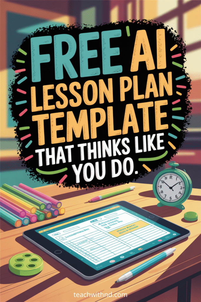 teacher desk, title says Free AI Lesson Plan Template That Thinks Like You Do, desk has clock, tablet, fidget, pens