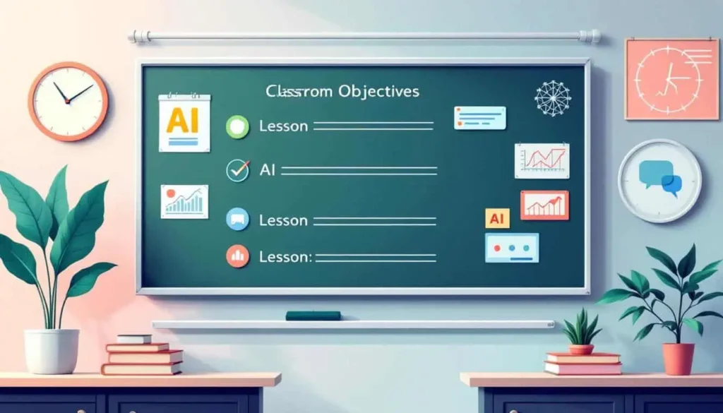 Classroom board with lesson objectives and AI icons in teal and coral