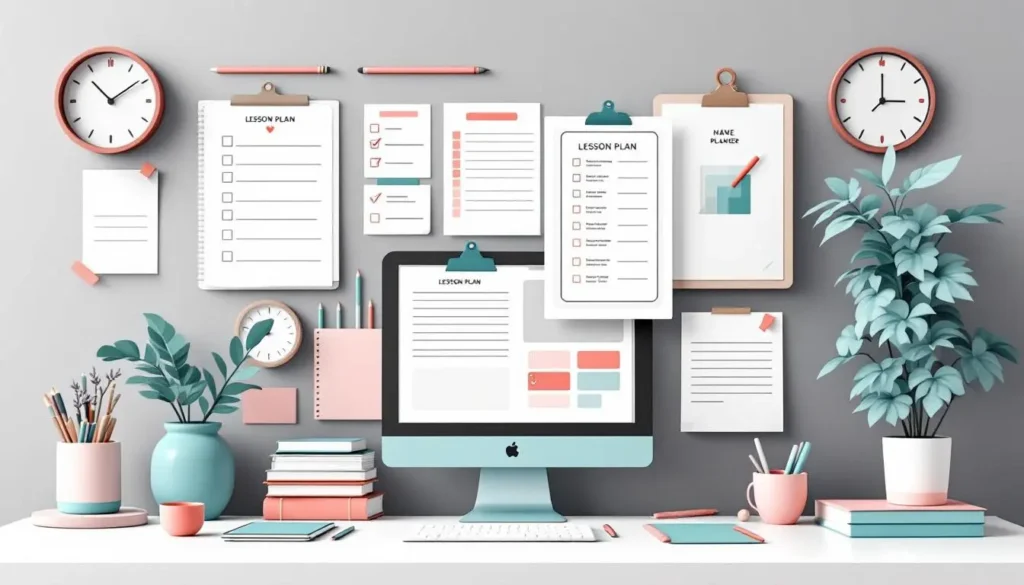 Minimal modern vector illustration of a clean digital workspace. A large computer screen is centered with simplified website mockups surrounding it, representing different browser windows. Coral, teal, and white tones dominate the space, with small plants, clocks, books, and icons arranged neatly around the desk. The scene suggests ease, tech support, and an organized digital teaching environment.
