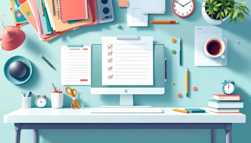 Desk with lesson plans, AI icons, and school supplies in teal and coral, about how to create lesson plans using AI