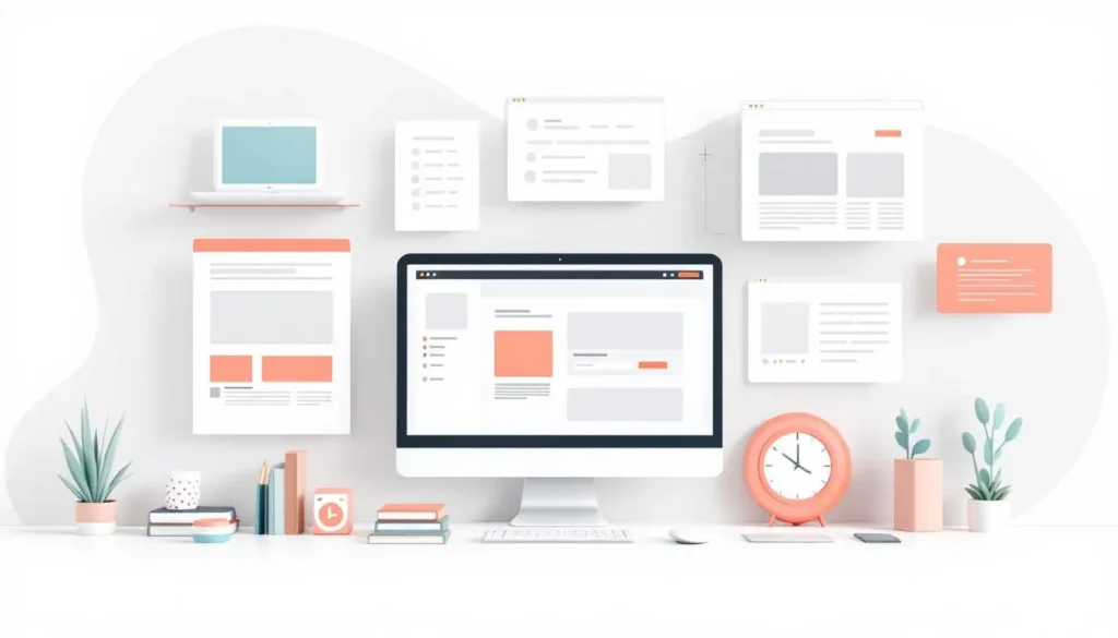 Colorful flat lay vector illustration of a creative teacher workspace. A desktop computer sits at the center with a digital lesson plan on the screen, surrounded by paper checklists, clipboards, planners, clocks, pencils, plants, and books in soft coral, teal, and white tones. The overall scene feels organized but cozy, with a playful visual of many planning elements floating around.
