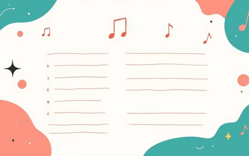 blank lined paper with coral-colored music notes, decoration, vector illustration of a music lesson plan template free for elementary teachers