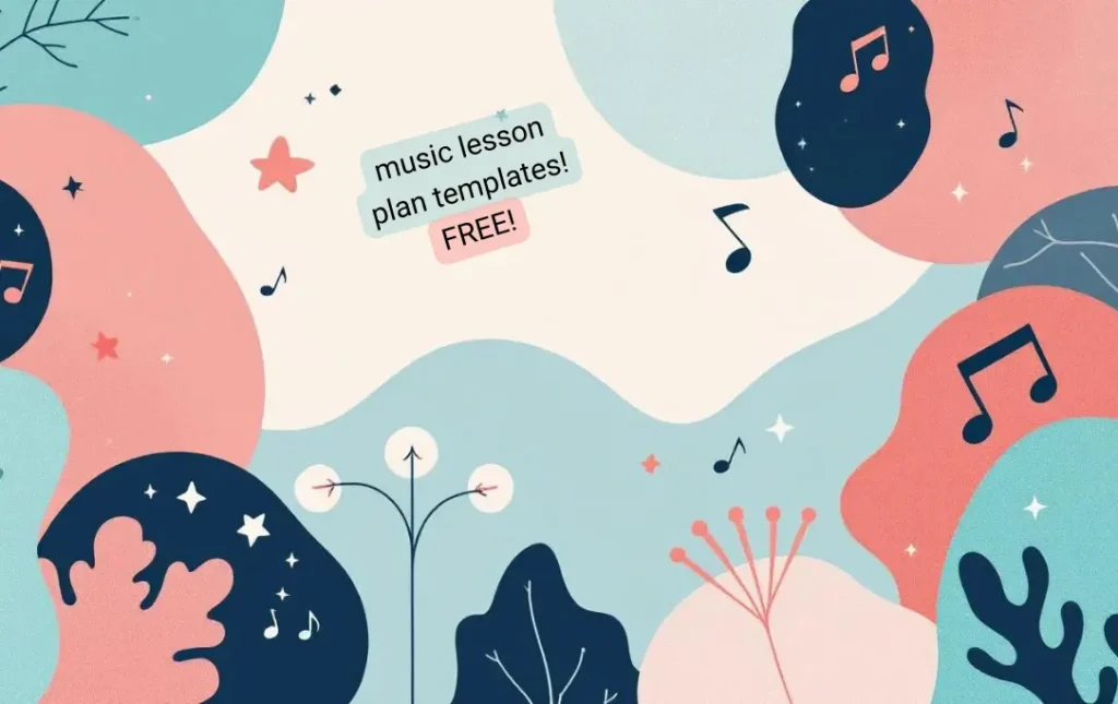 vector illustration with the phrase music lesson plan templates! free! written, decorative music notes, coral color, beige, peach, navy blue