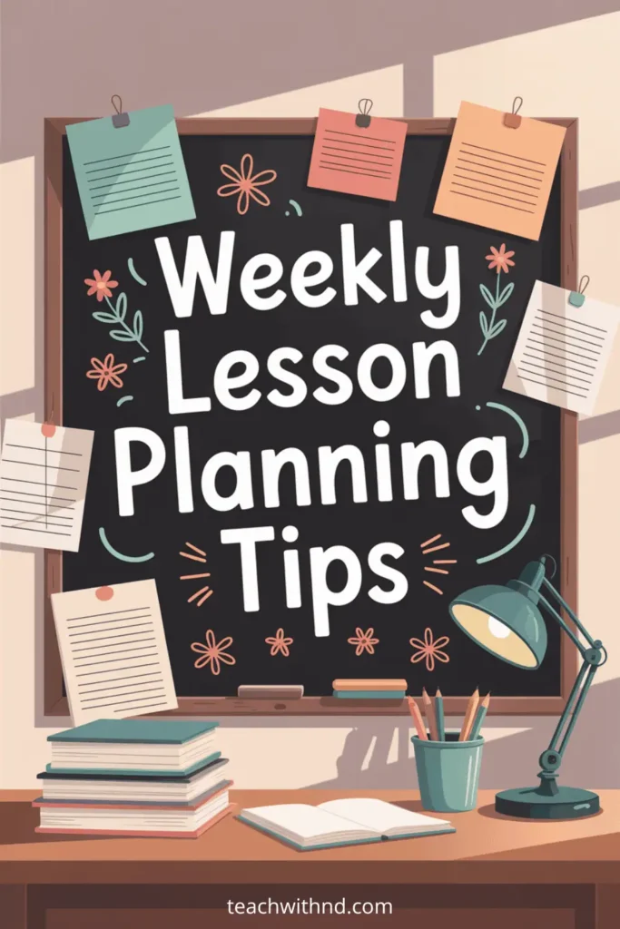 Blackboard with “Weekly Lesson Planning Tips” in bold white letters, surrounded by colorful paper notes, stacked books, a desk lamp, and pencils on a desk in a cozy classroom scene.

