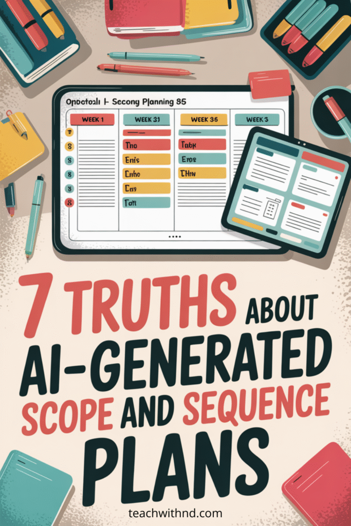 Illustration of a digital and printed lesson planning chart titled “7 Truths About AI-Generated Scope and Sequence Plans” on a teacher’s desk in teal and coral.