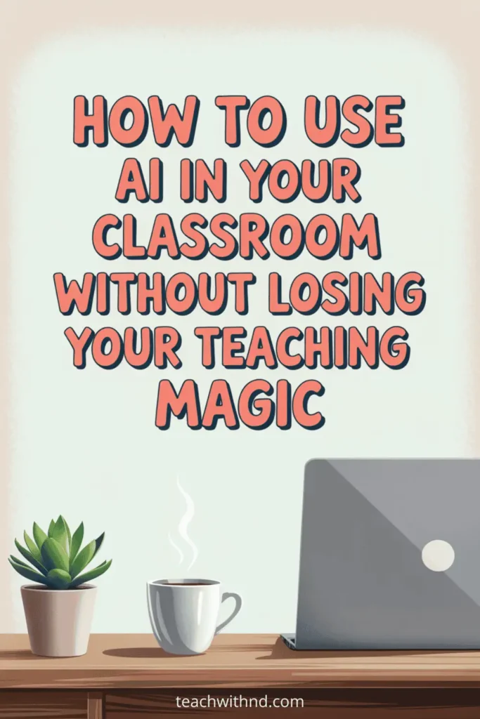 Cream background with wooden desk, potted plant, and laptop – Text reads “How to Use AI in Your Classroom Without Losing Your Teaching Magic” in coral and navy whimsical font. 