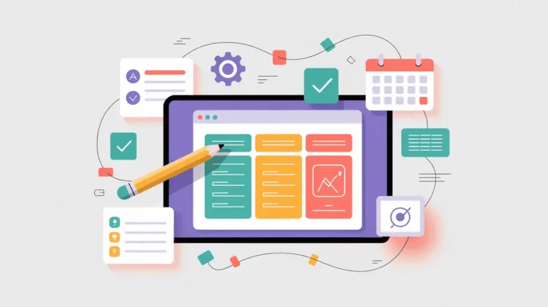 2D vector illustration of a digital tablet with an AI lesson plan template and floating education icons, featuring a white background and teal and coral accents, no people