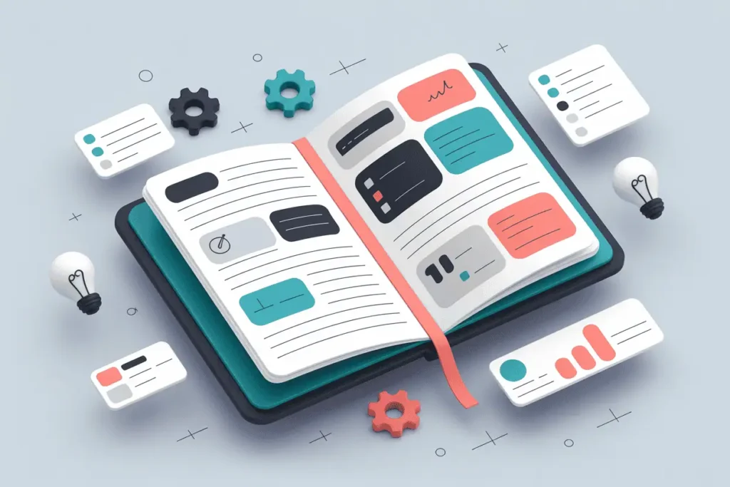 Modern 2D vector illustration of a digital lesson plan template with educational icons, teal and coral accents, on a light grey background