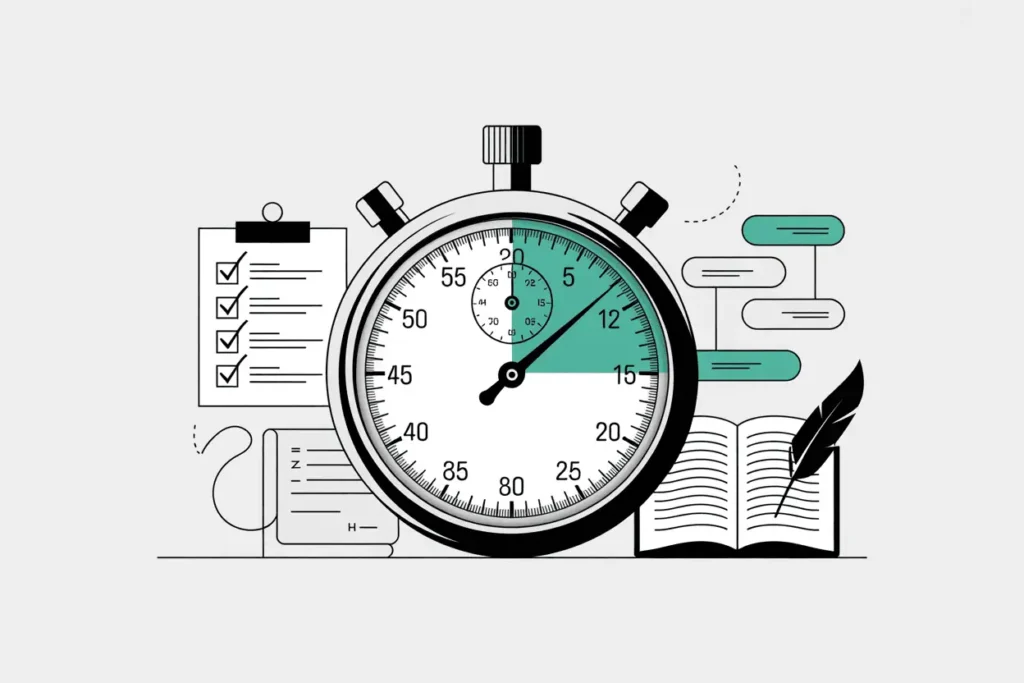 Vector illustration of a clock surrounded by teaching icons, highlighting efficiency in lesson planning with teal and coral accents