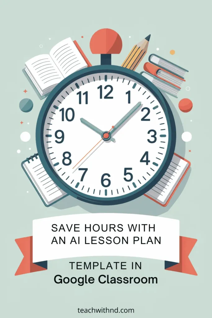 Pinterest pin with the title ‘Save Hours with an AI Lesson Plan Template in Google Classroom.’ Vector illustration of a clock surrounded by open books, pencils, and paper, teal and coral accents.