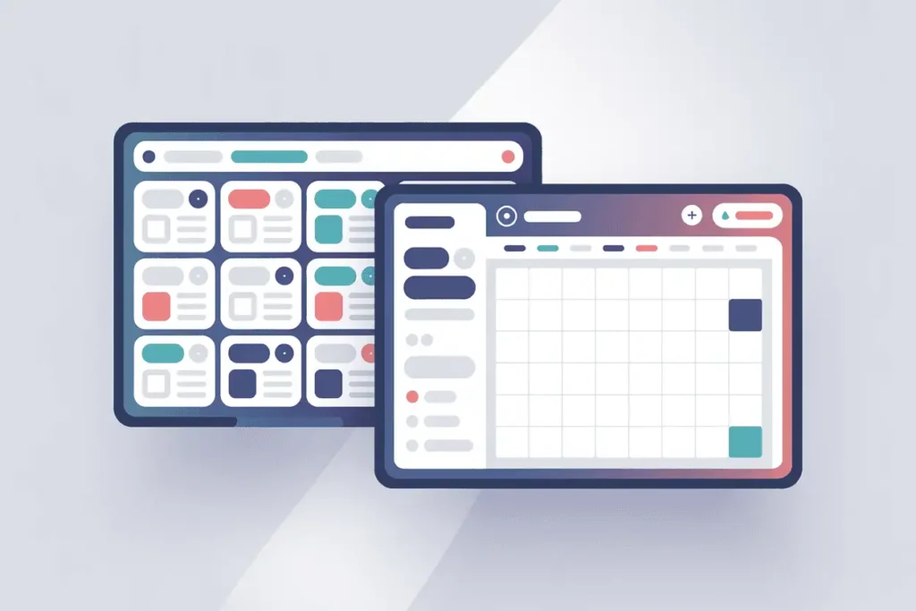 2D vector image of two computer screens comparing lesson planning tools, featuring teal and coral accents on a light grey background