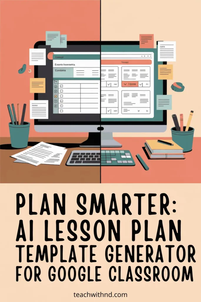 Pinterest pin with the title ‘Plan Smarter: AI Lesson Plan Template Generator for Google Classroom.’ Split-screen vector illustration of papers on desk versus digital lesson plan on computer, coral and teal accents.