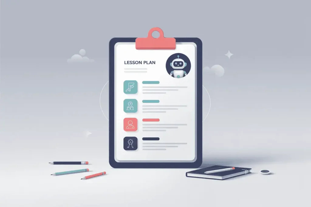 clipboard with lesson plan and digital tools with guidance on how to use AI in teaching without losing yourself 