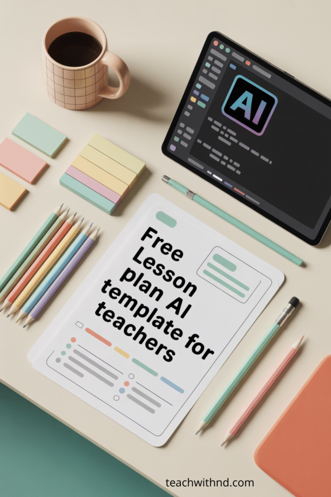 Flat lay of a free AI lesson plan template for teachers with a tablet, notebook, coffee cup, and pastel pencils on a neutral background.