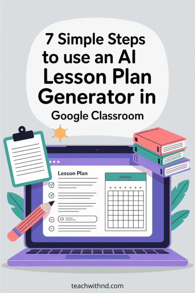Pinterest pin with the title ‘7 Simple Steps to use an AI Lesson Plan Generator in Google Classroom.’ Illustration of a laptop displaying a lesson plan, clipboard, books, and pencil, teal and coral accents.